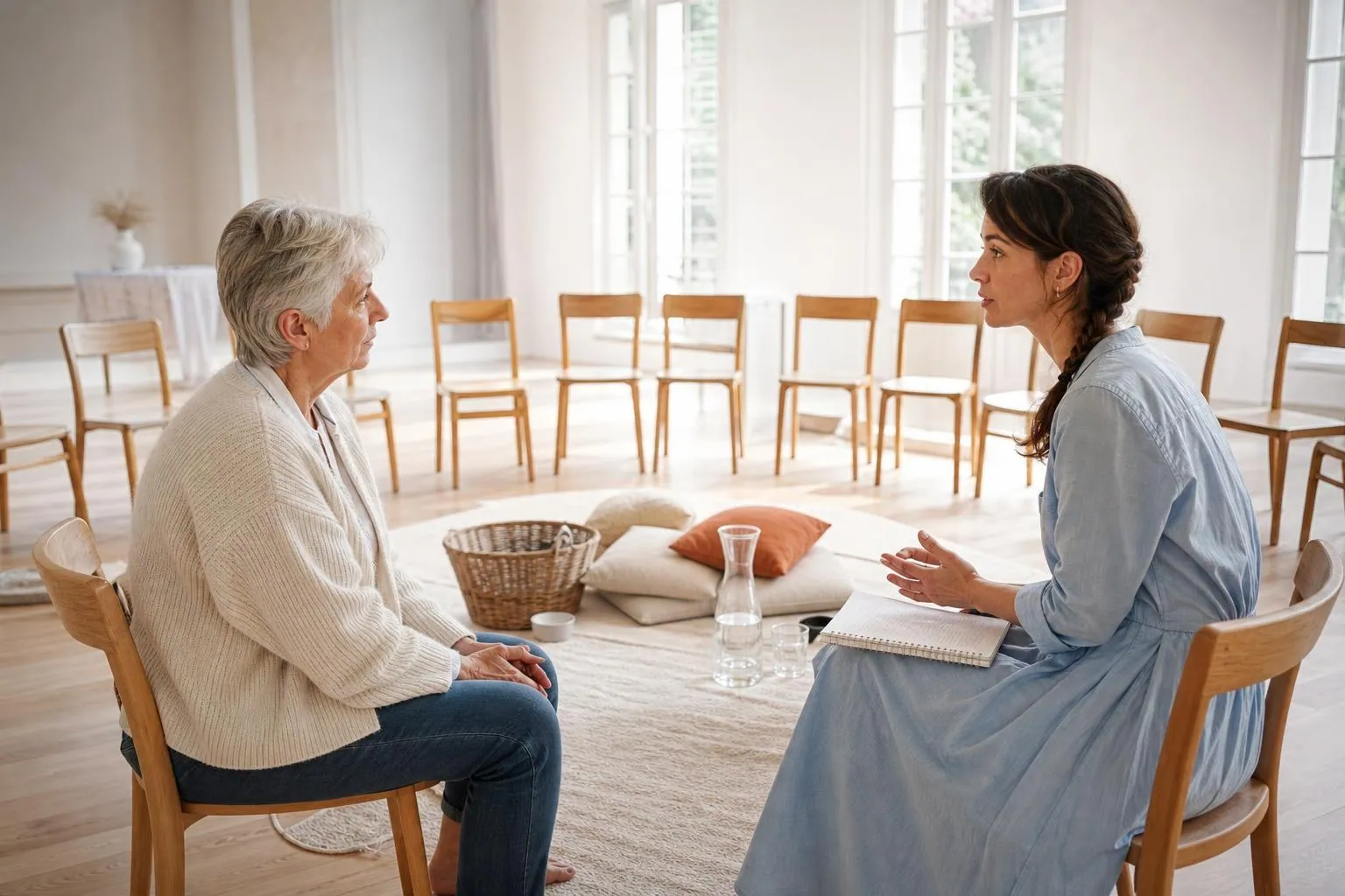Deux accompagnantes postnatales de générations différentes assises en cercle sur des chaises claires dans une salle associative lumineuse, coussins et tapis au sol après une rencontre