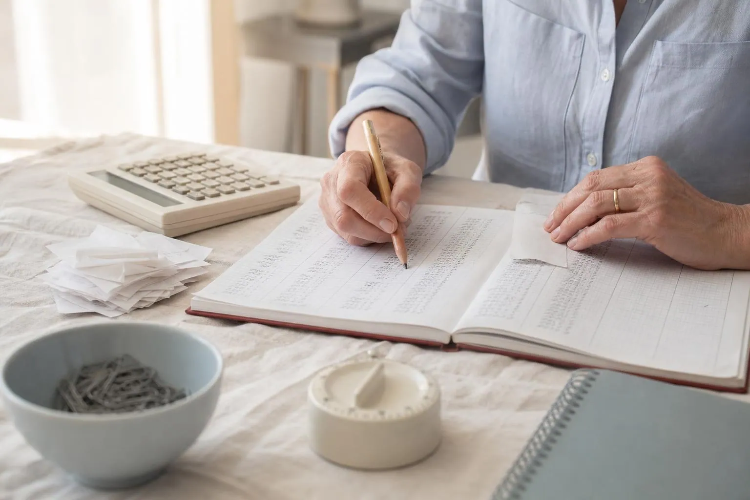 Gros plan de mains d’une femme d’une cinquantaine d’années tenant un crayon au dessus d’un cahier de comptes manuscrit, entre une calculatrice de bureau et une pile de reçus sur une nappe de lin