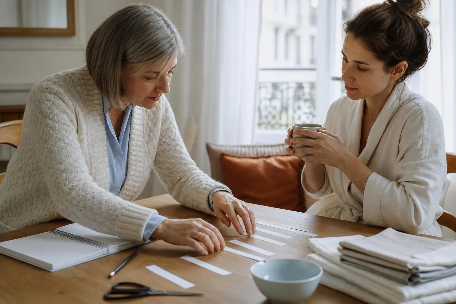 Doula postnatale d’une cinquantaine d’années assise à une table en bois clair face à une jeune mère, bandes de papier découpées disposées en colonnes de jours devant elles