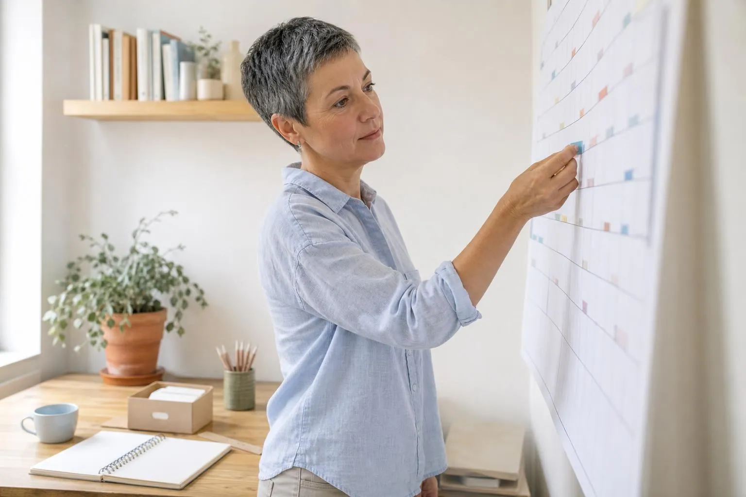 Doula postnatale d’environ cinquante ans devant un calendrier annuel en papier punaisé au mur d’un bureau clair, marquant des semaines avec des étiquettes de couleur