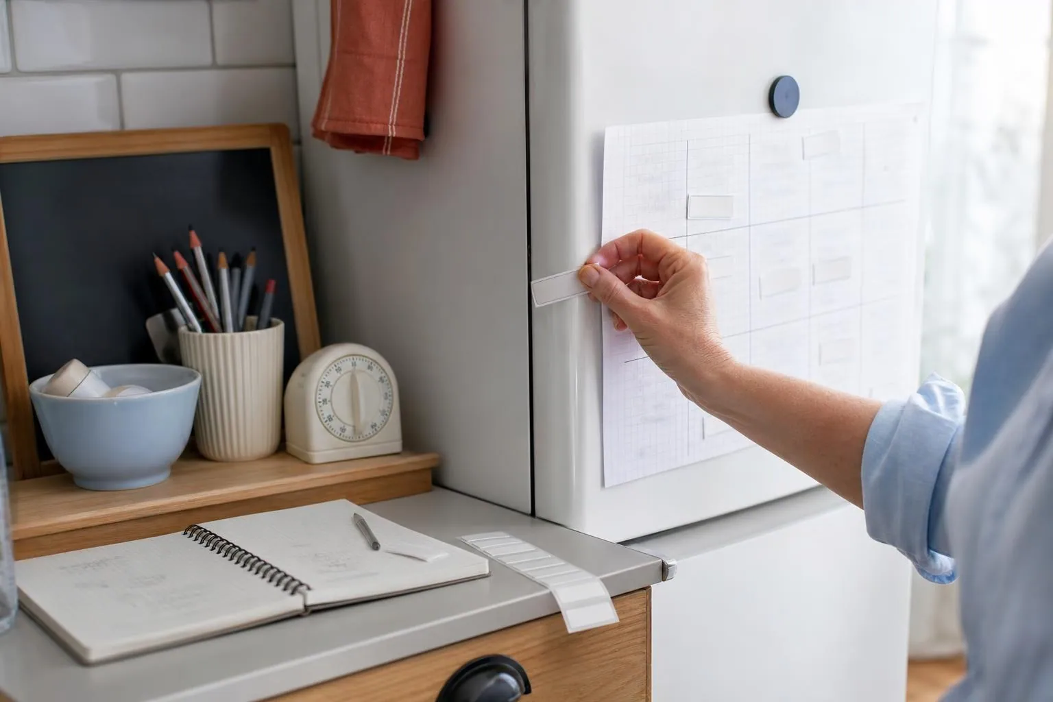 Trois supports d’organisation côte à côte sur un mur de cuisine claire: feuille quadrillée aimantée, petite ardoise et carnet ouvert, avec la main d’une femme qui déplace une étiquette de papier