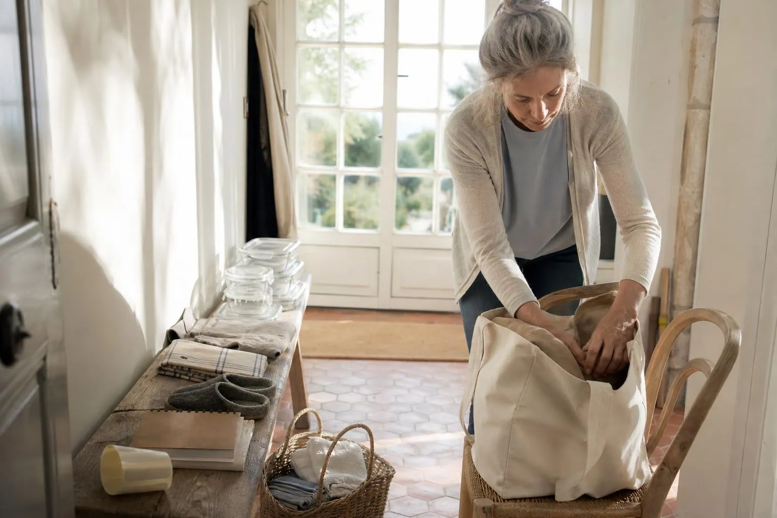Doula postnatale d’une cinquantaine d’années préparant son sac de visite posé sur une chaise dans une entrée claire, boîtes en verre, pochettes cartonnées et tablier plié à côté