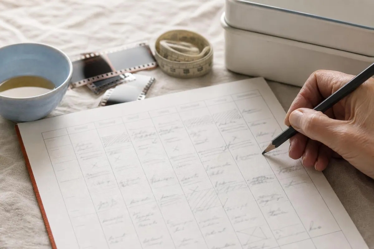 Gros plan d’une feuille de planning hebdomadaire imprimée annotée au crayon, posée sur une nappe de lin à côté d’un bol de porcelaine bleu pâle, d’un crayon de papier et d’une bande de photographies argentiques perforée