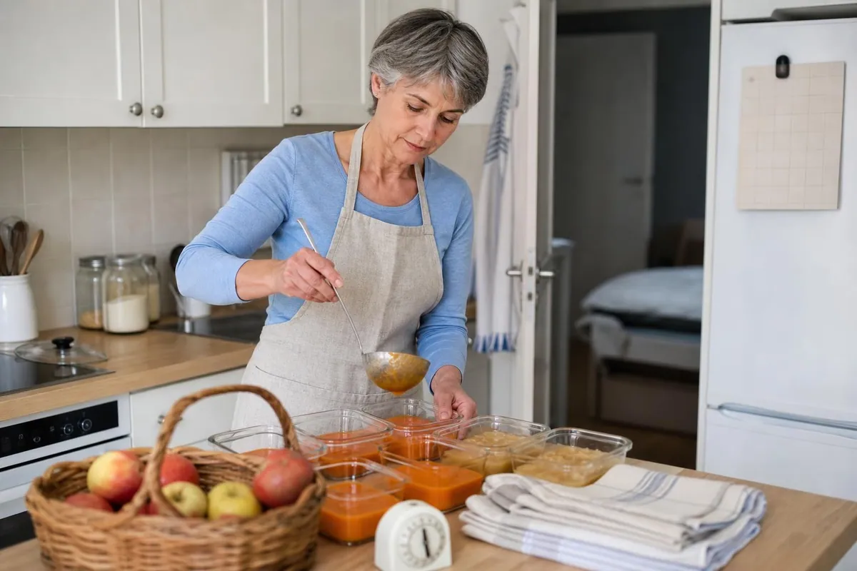 Doula postnatale en tablier de lin préparant des portions de soupe et de compote dans une cuisine familiale française, boîtes alignées sur le plan de travail et planning manuscrit aimanté sur le réfrigérateur